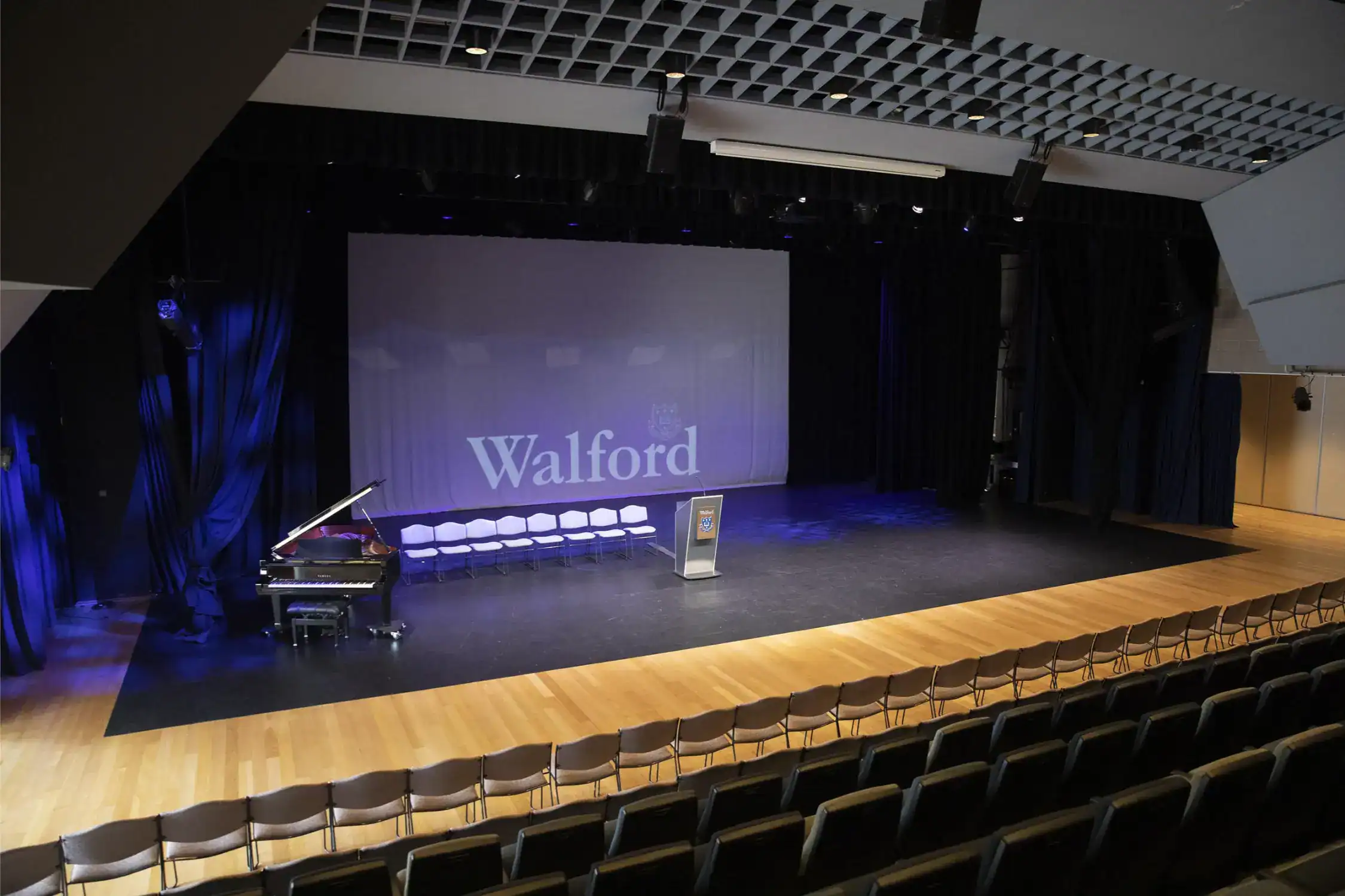 Modern school auditorium stage at Walford, ideal for student performances and academic events.