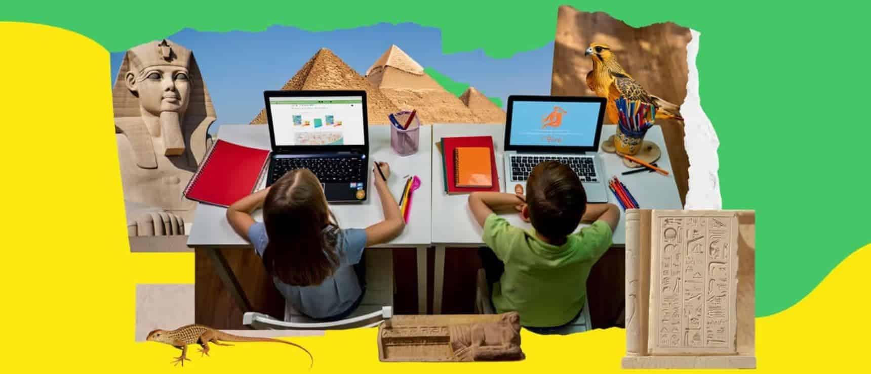 Ancient Egyptian and Egyptian Pyramid themed educational workspace with kids learning on laptops.