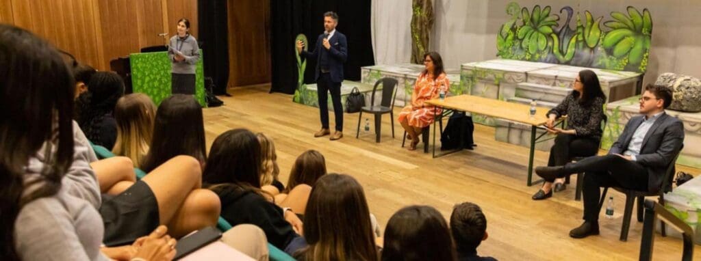 High school students attending a seminar at World Schools educational event for global learning opportunities.
