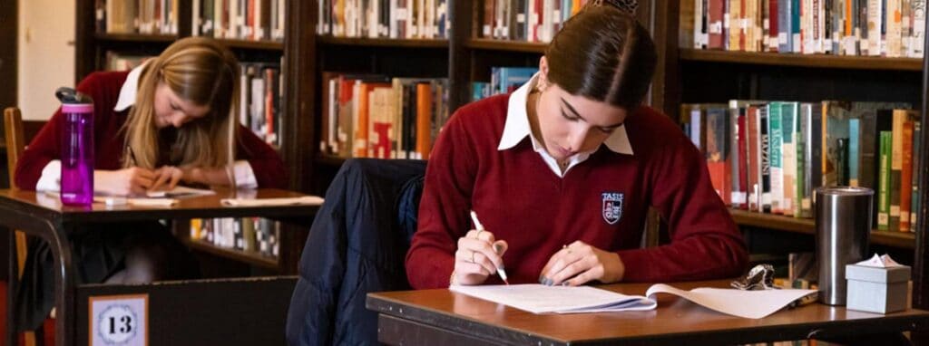 Focused student studying in library, showcasing world school environment for academic excellence and student success.