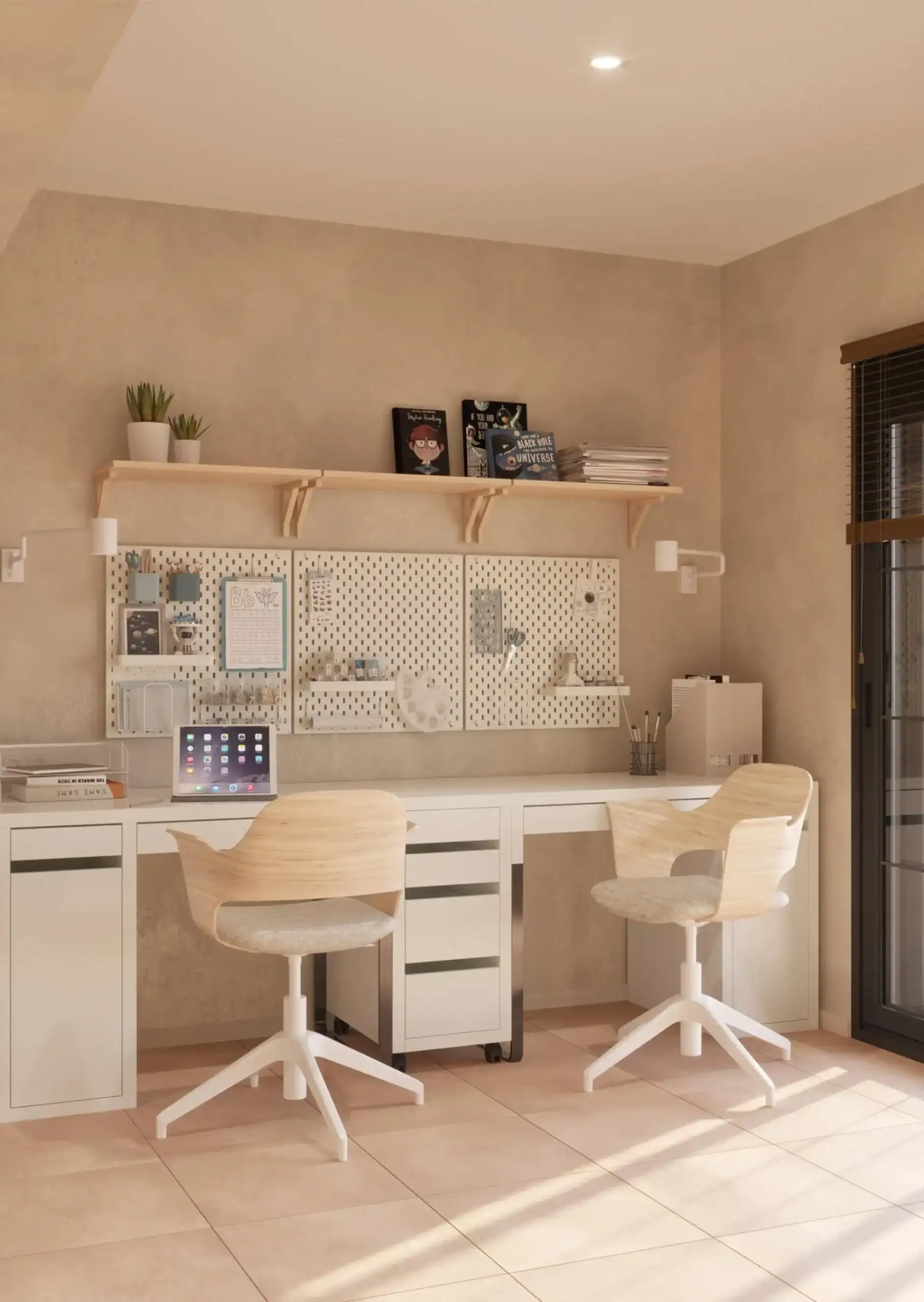 Clean modern study room with white desk and ergonomic chairs, ideal for student learning and academic success.