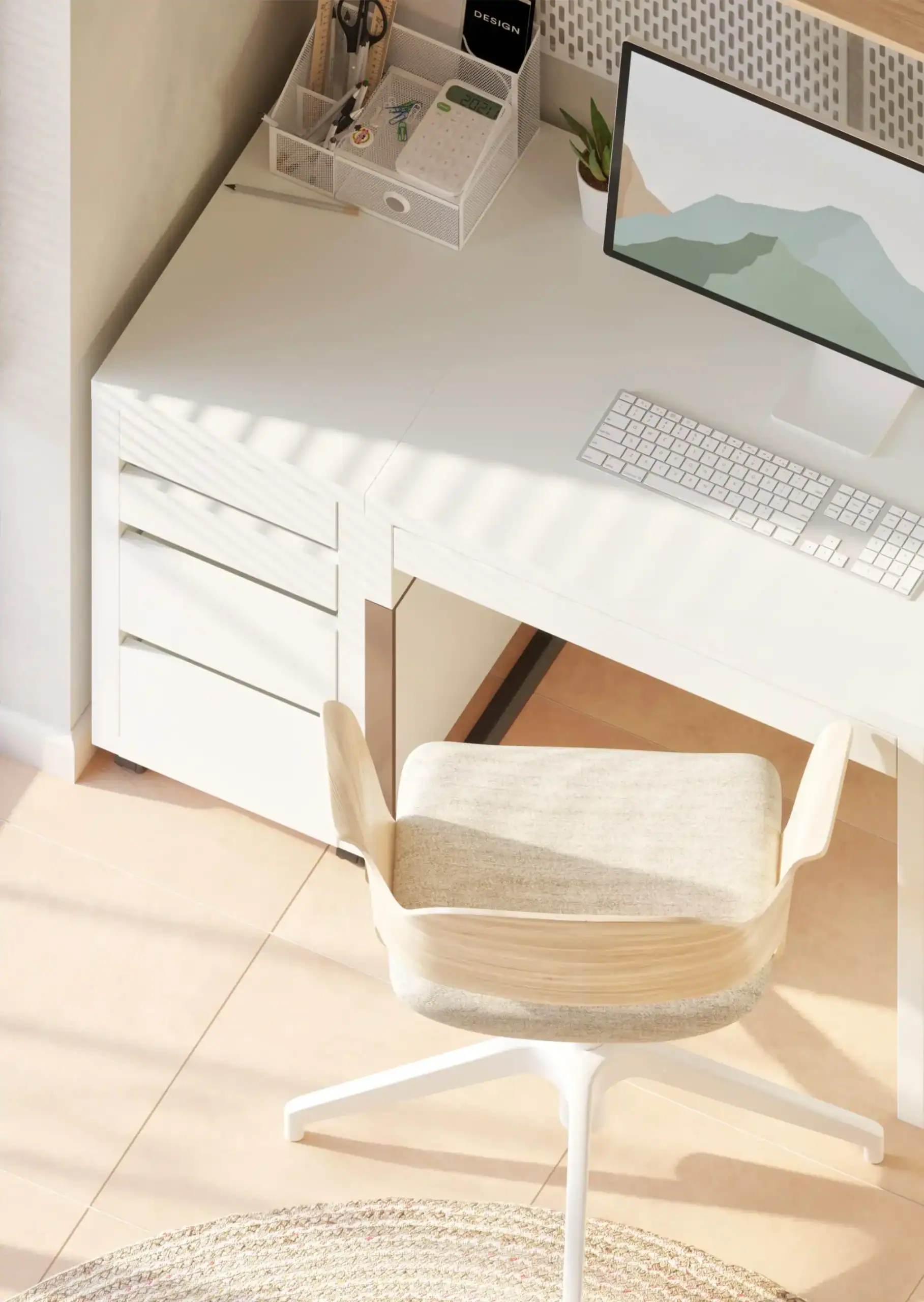 White modern school desk with computer and office accessories for study or remote learning.