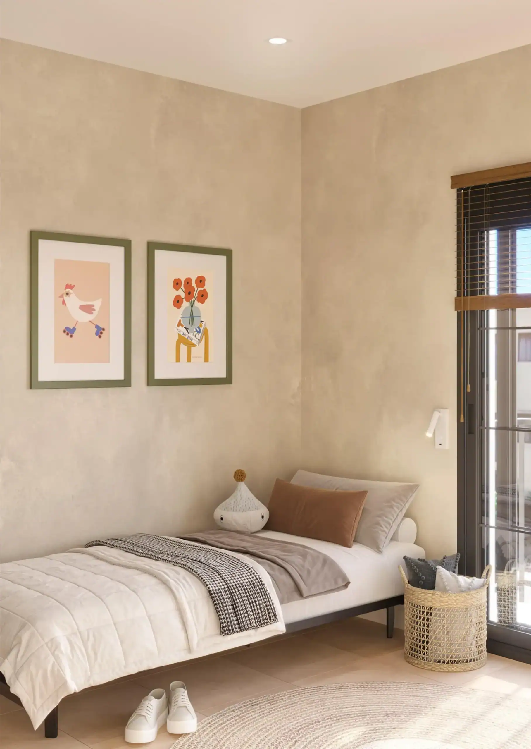 Bright cozy bedroom with minimalist decor, wall art, and natural light for a peaceful educational environment.