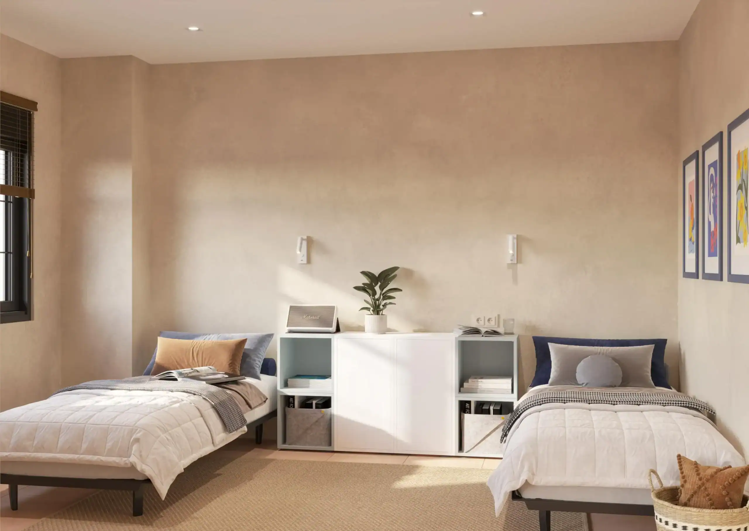 Cozy student dorm room with two beds, minimalistic decor, and natural lighting, ideal for accommodation at World Schools.