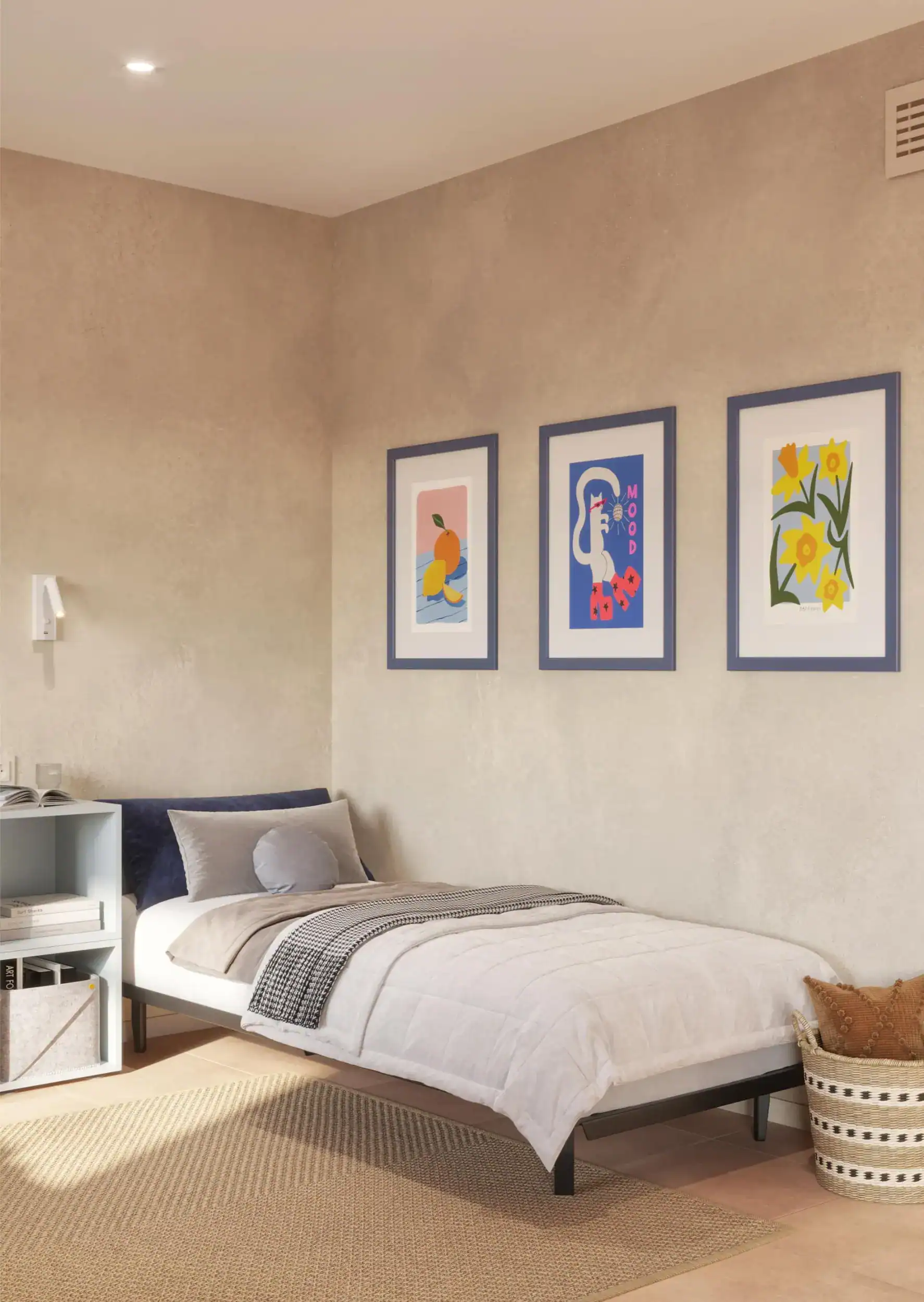 Bright modern bedroom with framed colorful artwork and minimalistic decor.