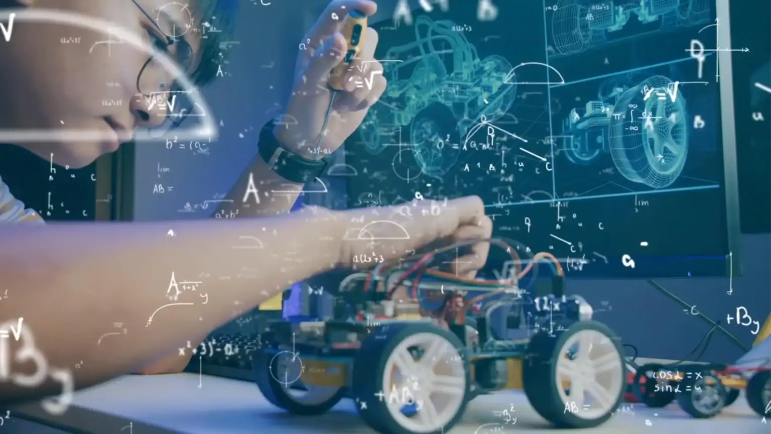 Innovative student working on robotics and engineering projects at a high-tech classroom.