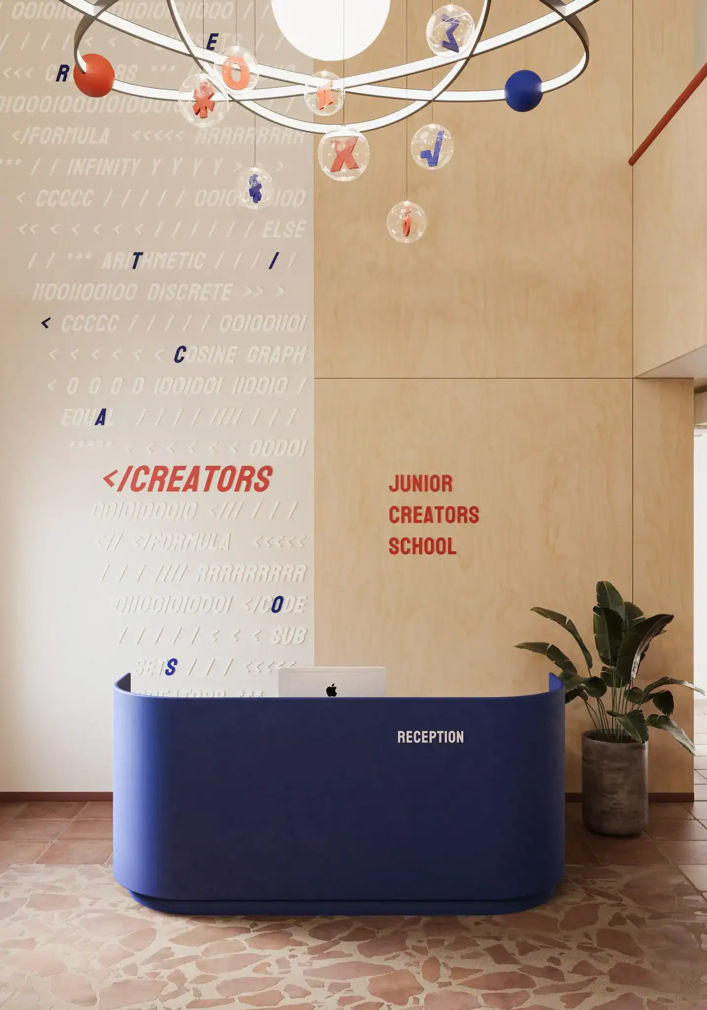 Innovative world school reception with coding-themed decor and modern design elements.