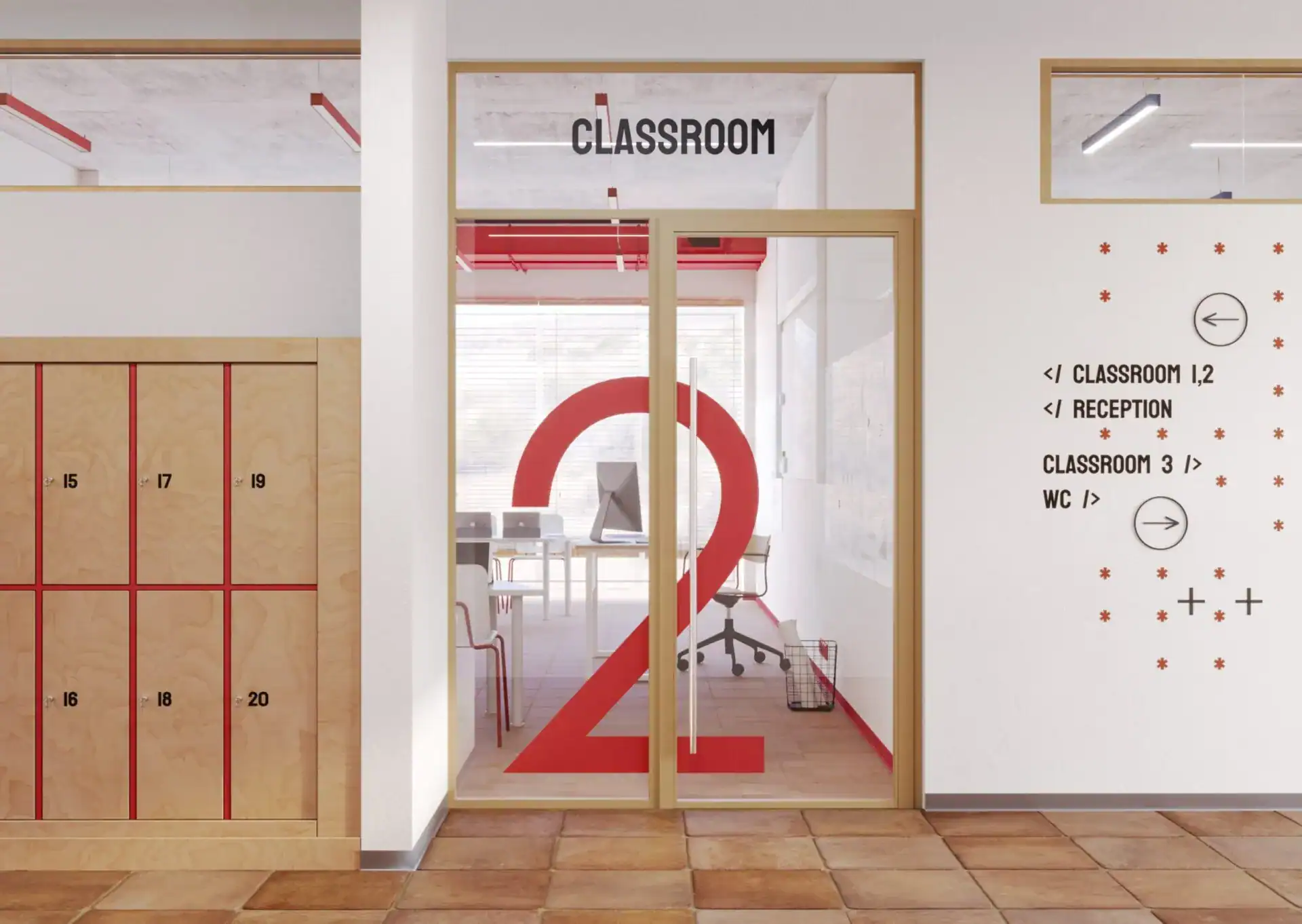 Colorful modern school classroom entrance with lockers, signages, and glass doors, ideal for innovative learning environments.