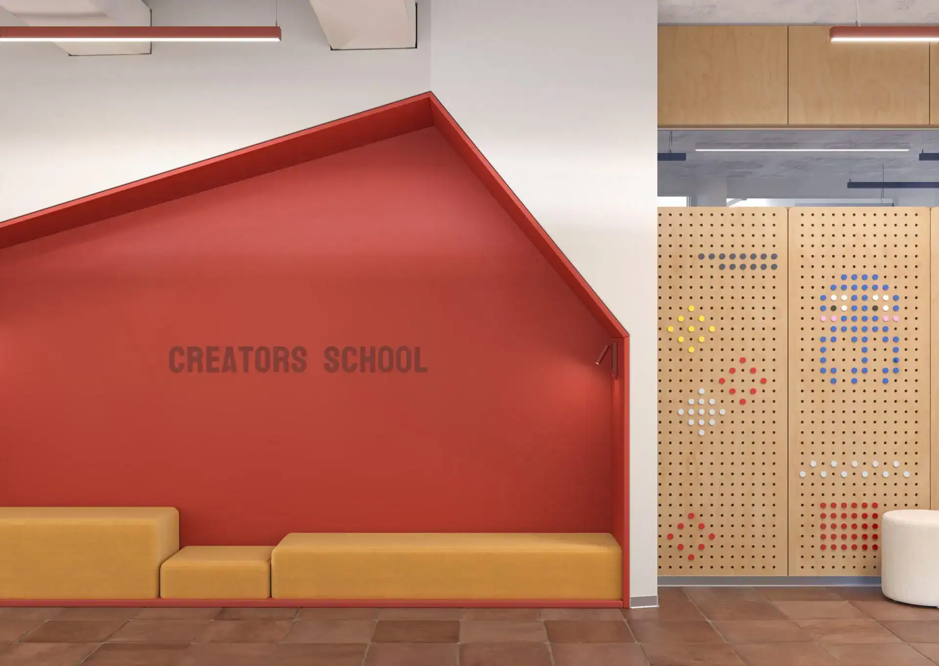 Colorful interior of World Schools' Creative School with modern design and student-focused spaces.