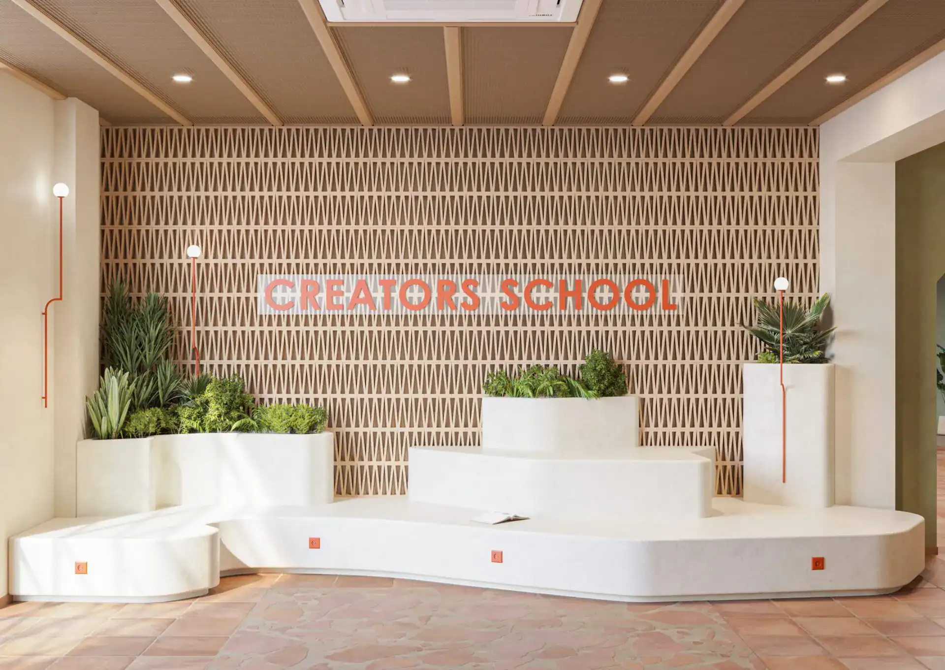 Bright modern school lobby with greenery, creative design, and welcoming atmosphere for students at world schools.
