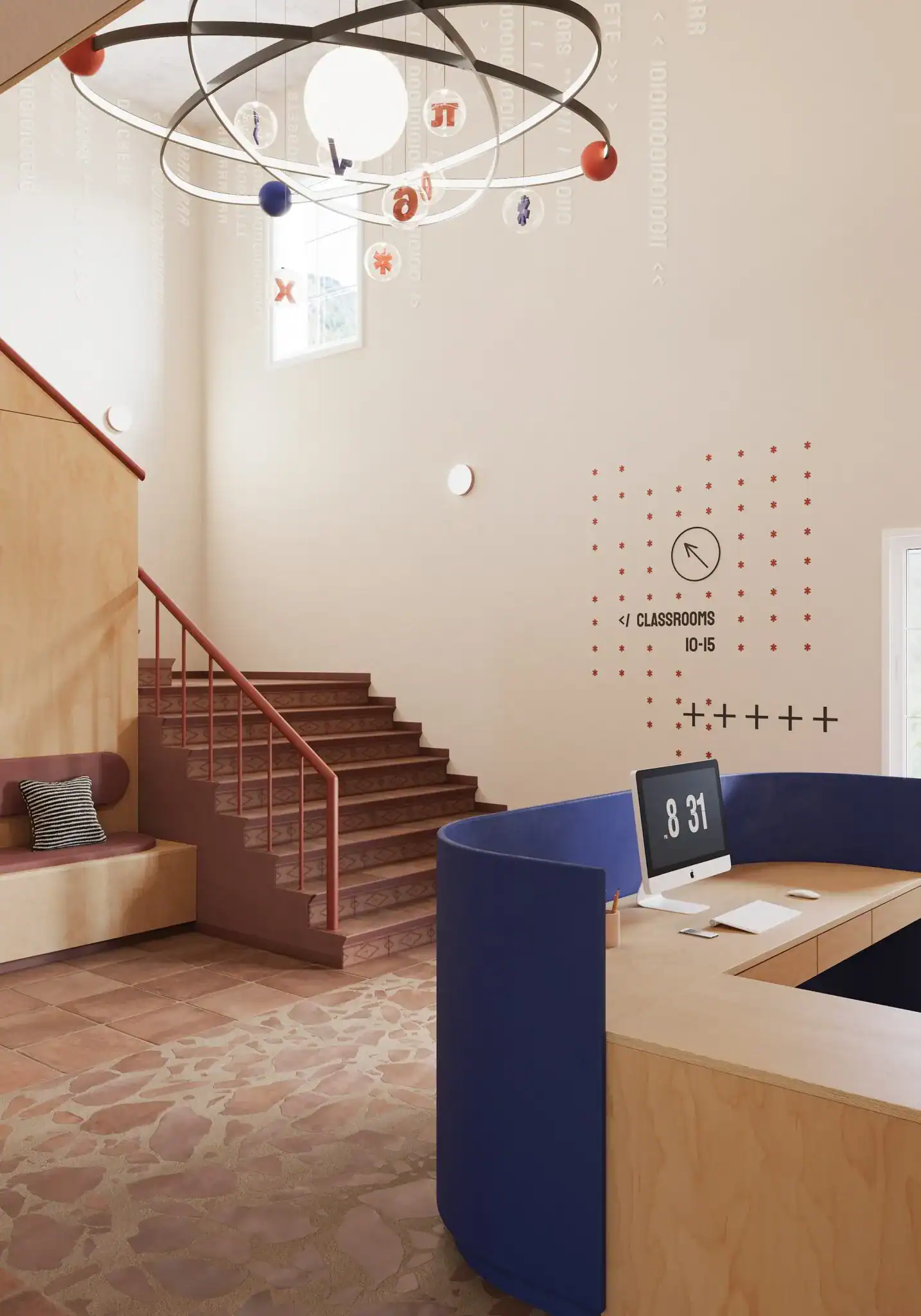 Bright modern school reception area with spiral staircase, digital signage, and colorful decor, promoting innovative learning at world schools.