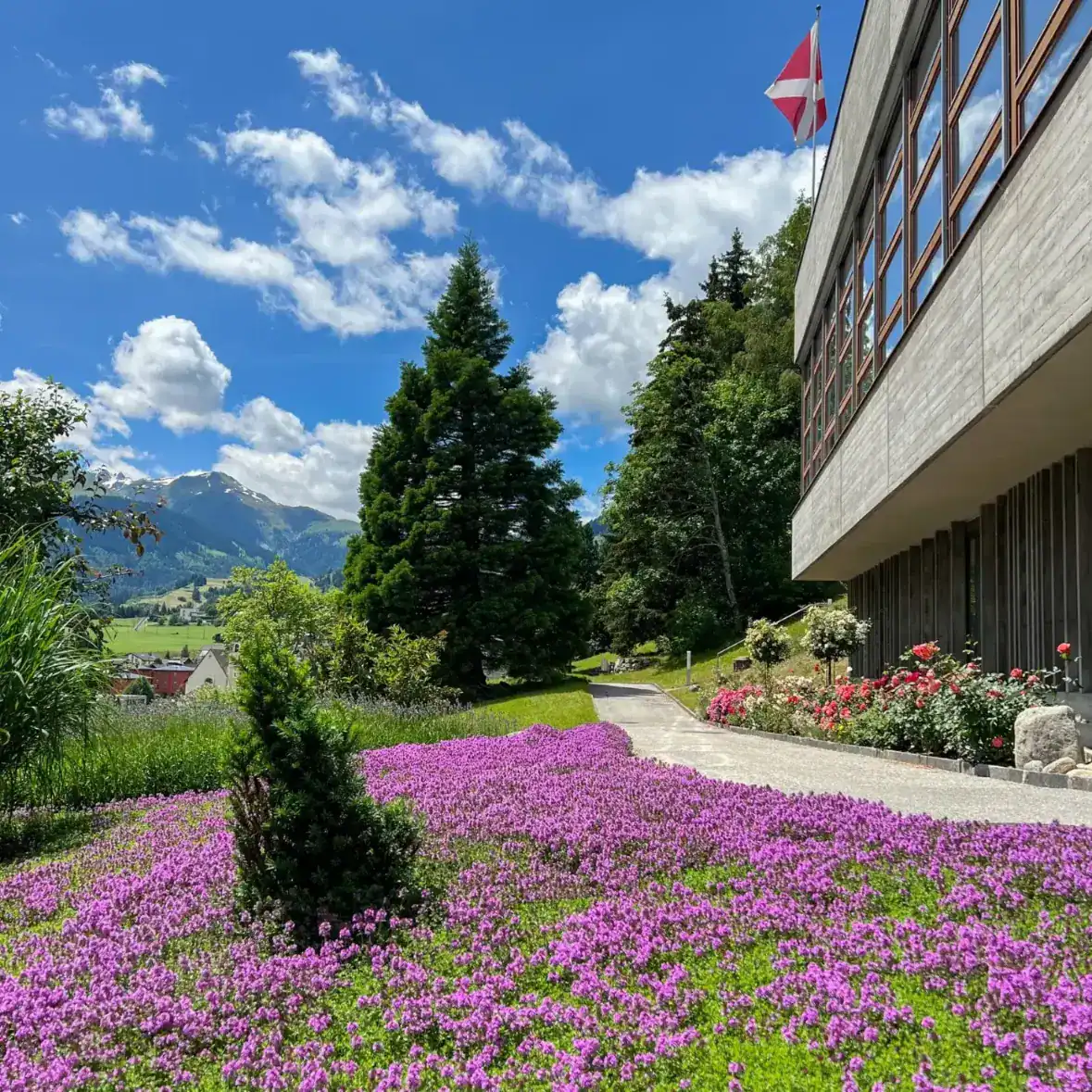 Vibrant garden with colorful flowers and lush greenery outside a modern world schools campus in scenic mountain setting.