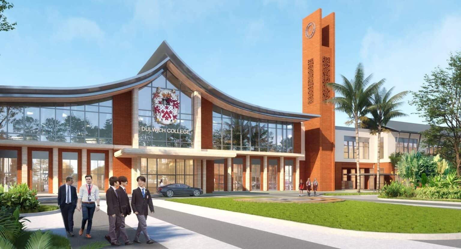 Dulwich College Bangkok campus building with modern architecture and lush surroundings.