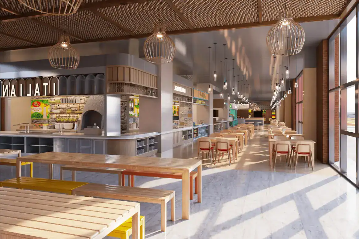 Bright school cafeteria interior with natural sunlight at Dulwich College Bangkok.