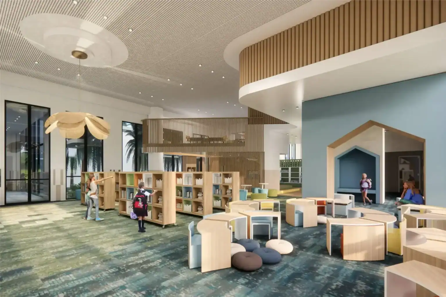School library interior with children reading and studying.