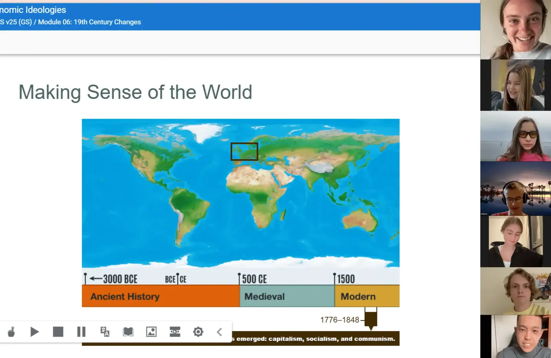 World map showing historical eras from Ancient History to Modern times.