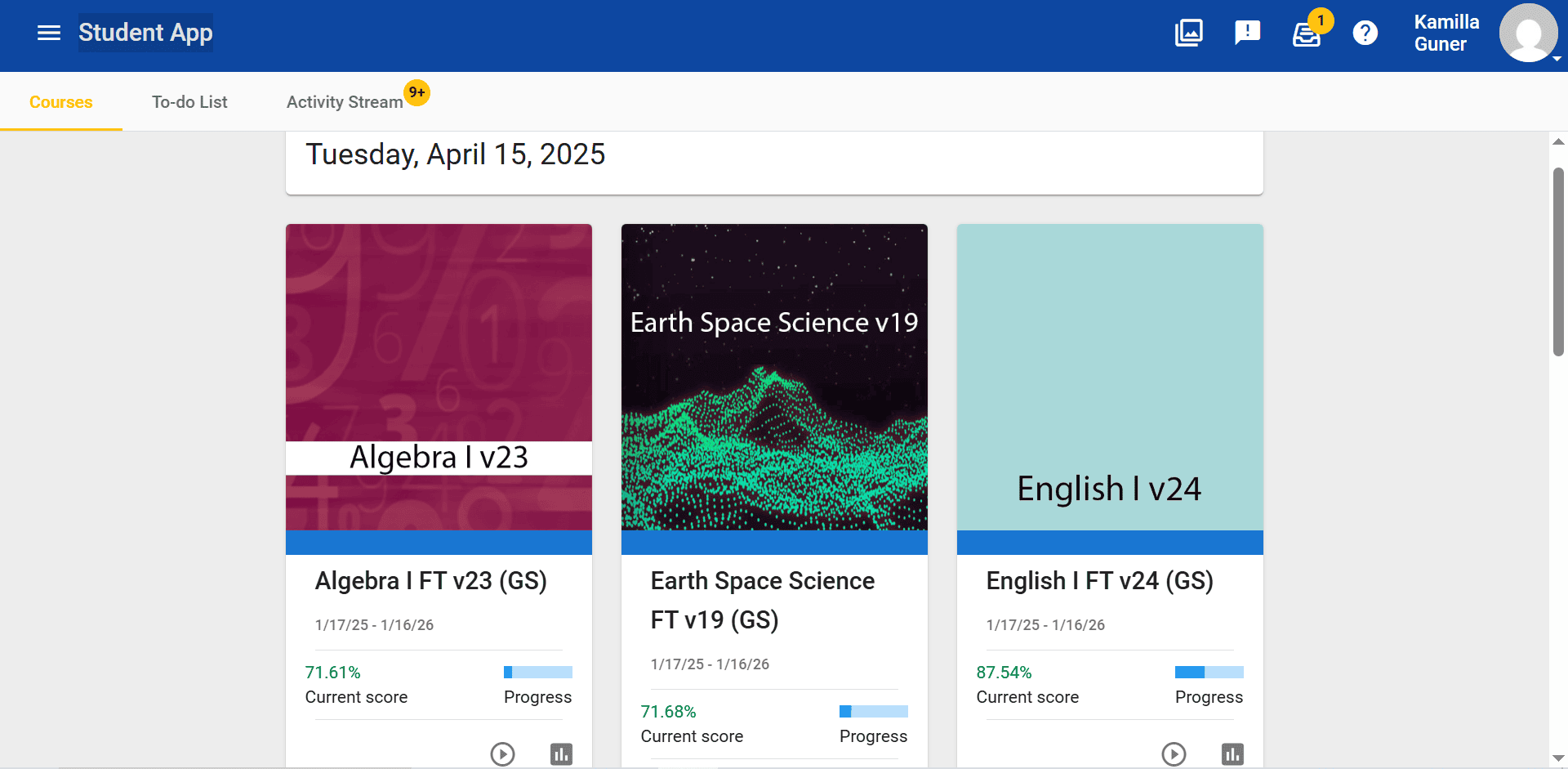 Online learning platform displaying Earth Space Science and Algebra courses.
