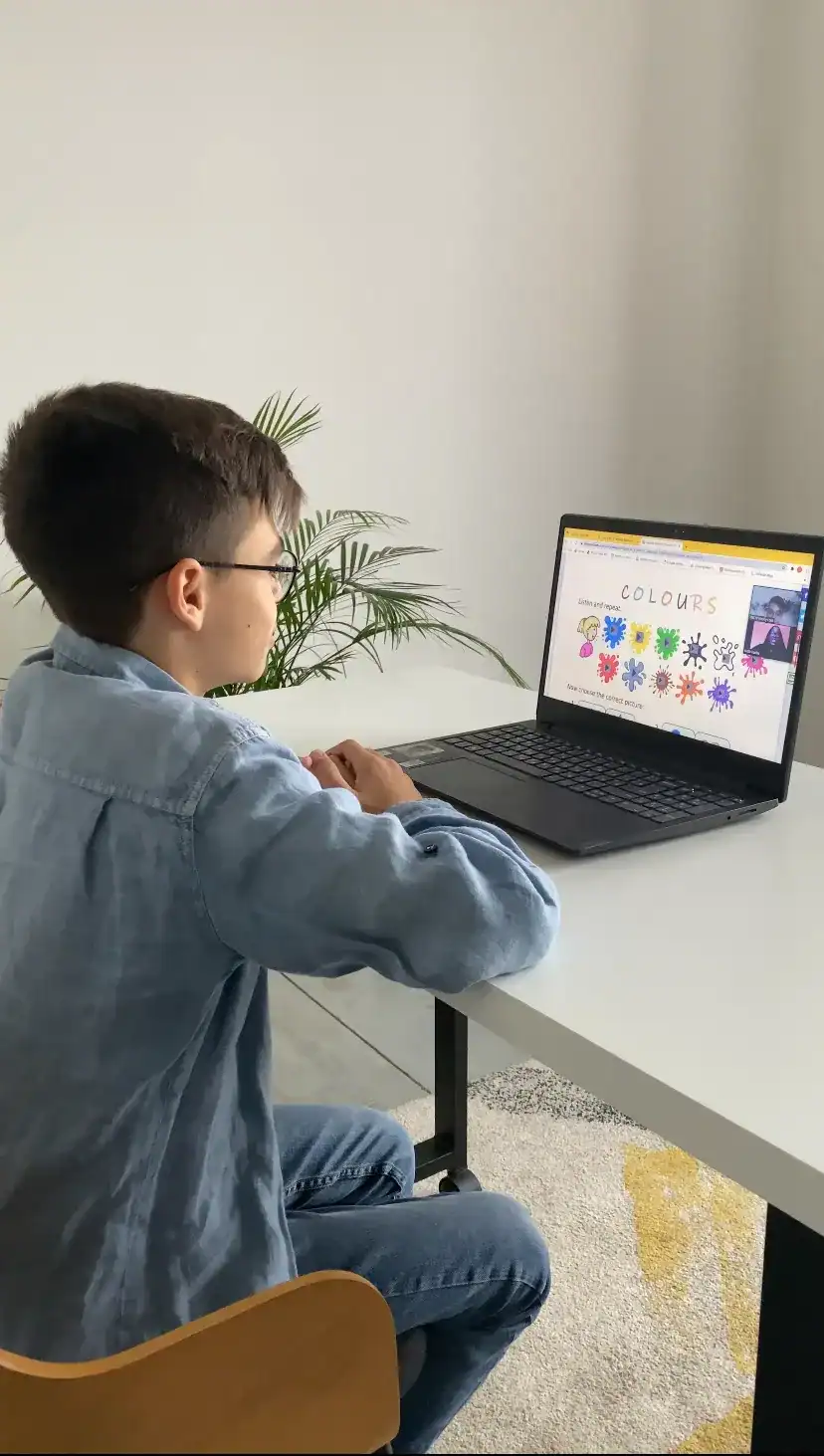Young boy studying on a laptop with educational content about colours.