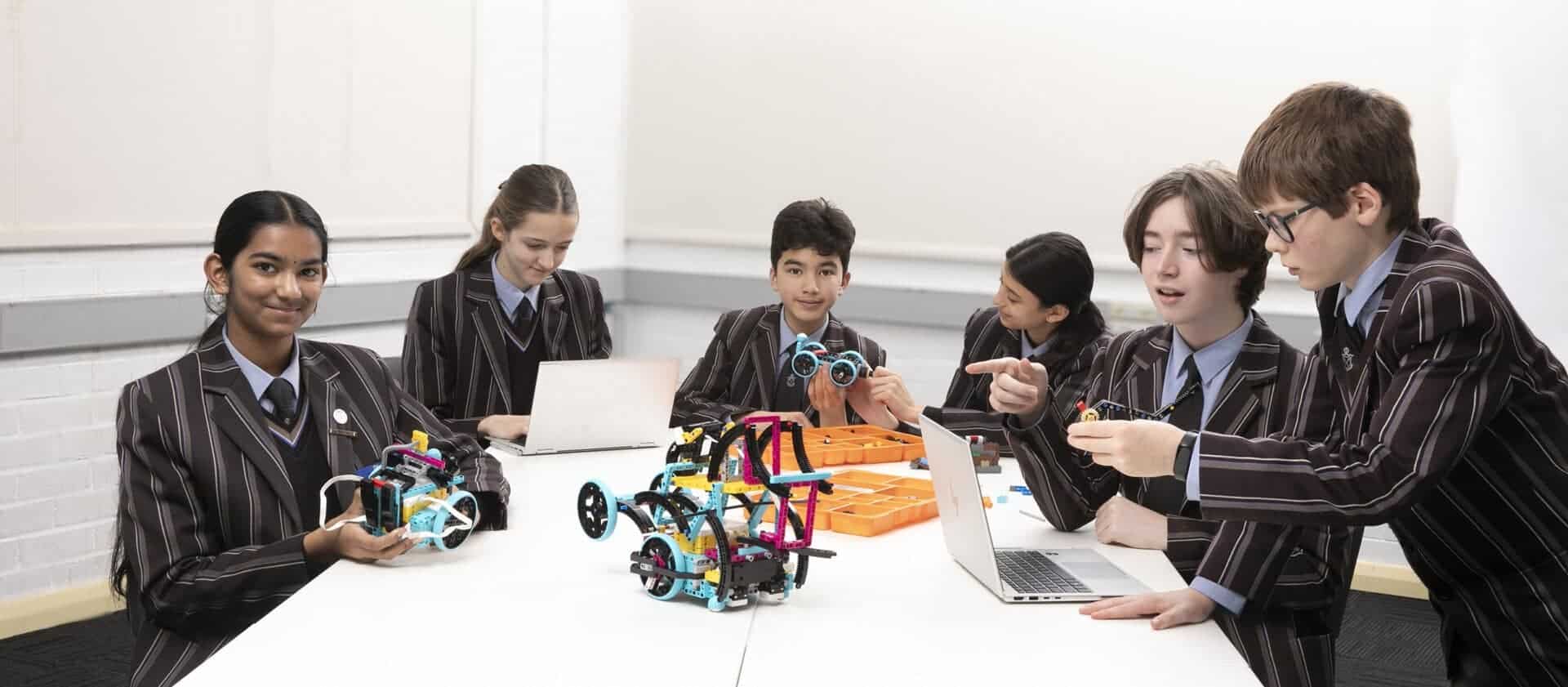 Students working on robotics projects in a classroom at Ivanhoe Grammar School.
