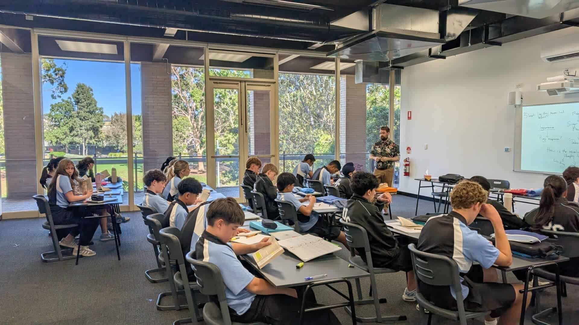 Students in a classroom at Ivanhoe Grammar School during a lesson.