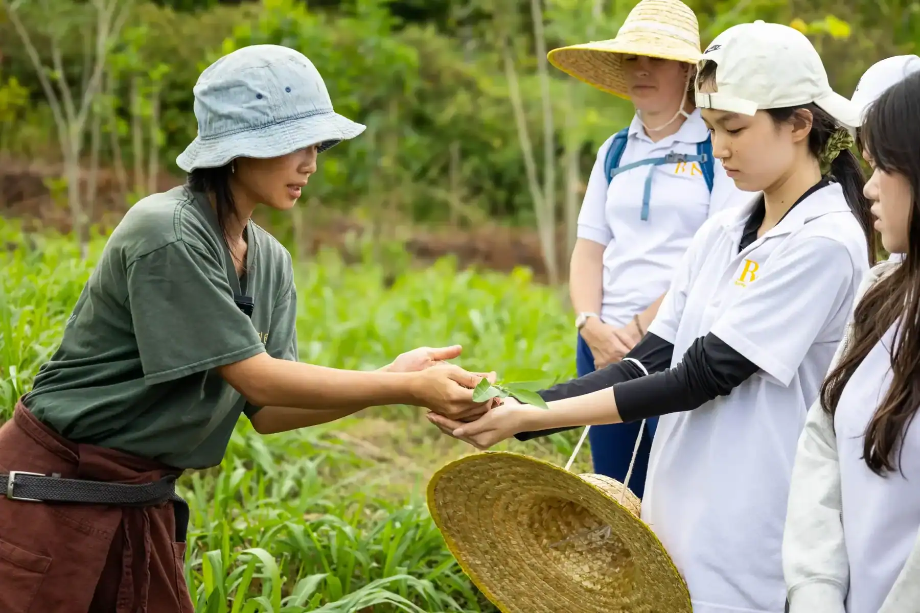 Students learning about agriculture from a teacher in a farm setting.