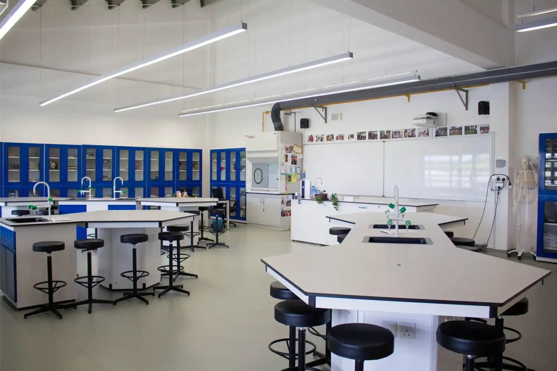Modern science laboratory with workbenches and blue storage cabinets.