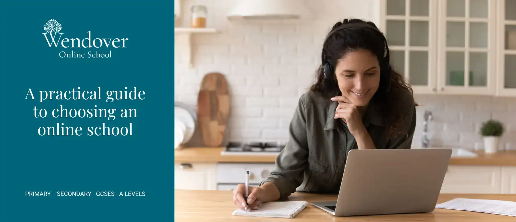 Online girl student studying at home with laptop and headphones, online school learning, digital education.