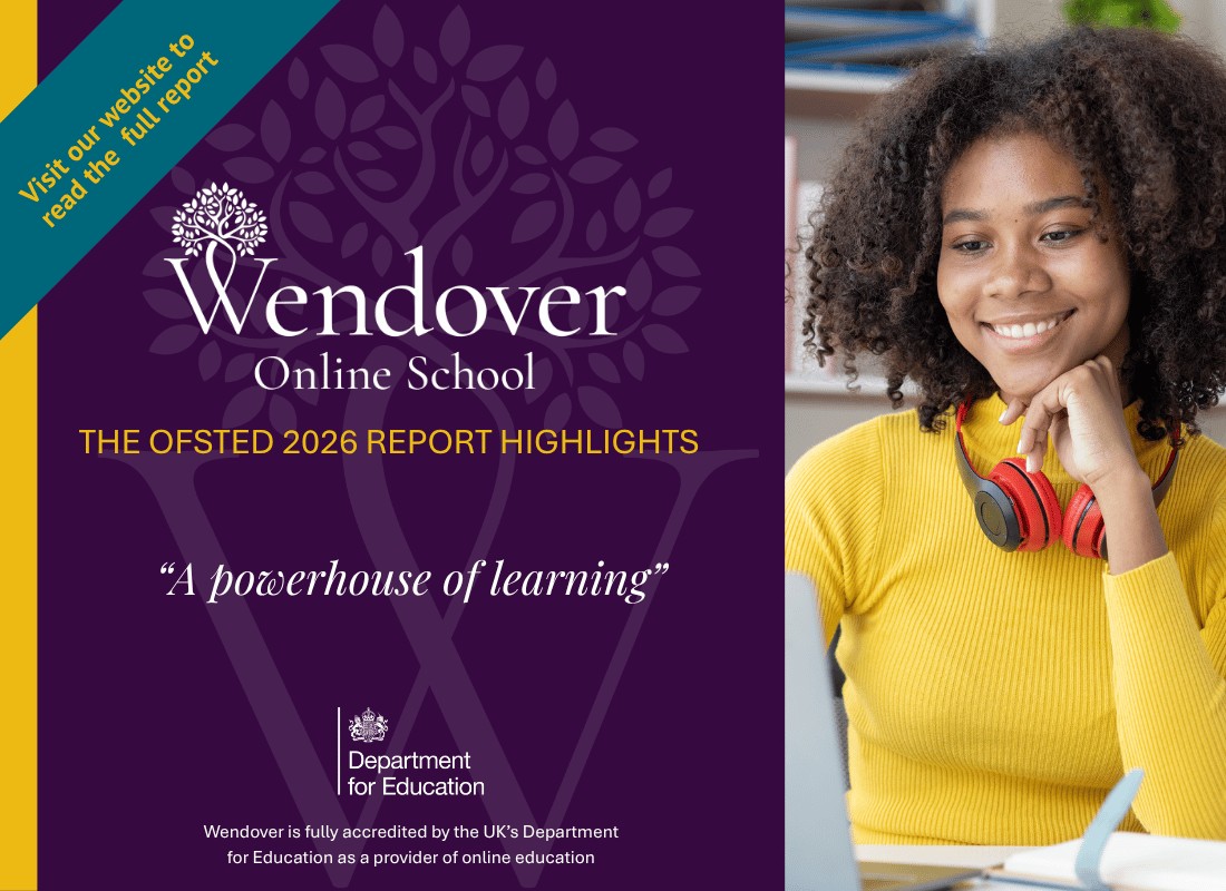 Young girl with headphones studying at Wendover Online School.
