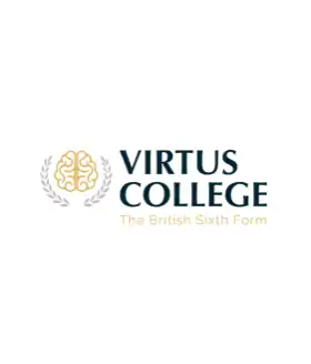 Modernes Virtus College-Logo mit einem goldenen Gehirnsymbol und blauem Text, der die britischen Bildungsstandards betont.