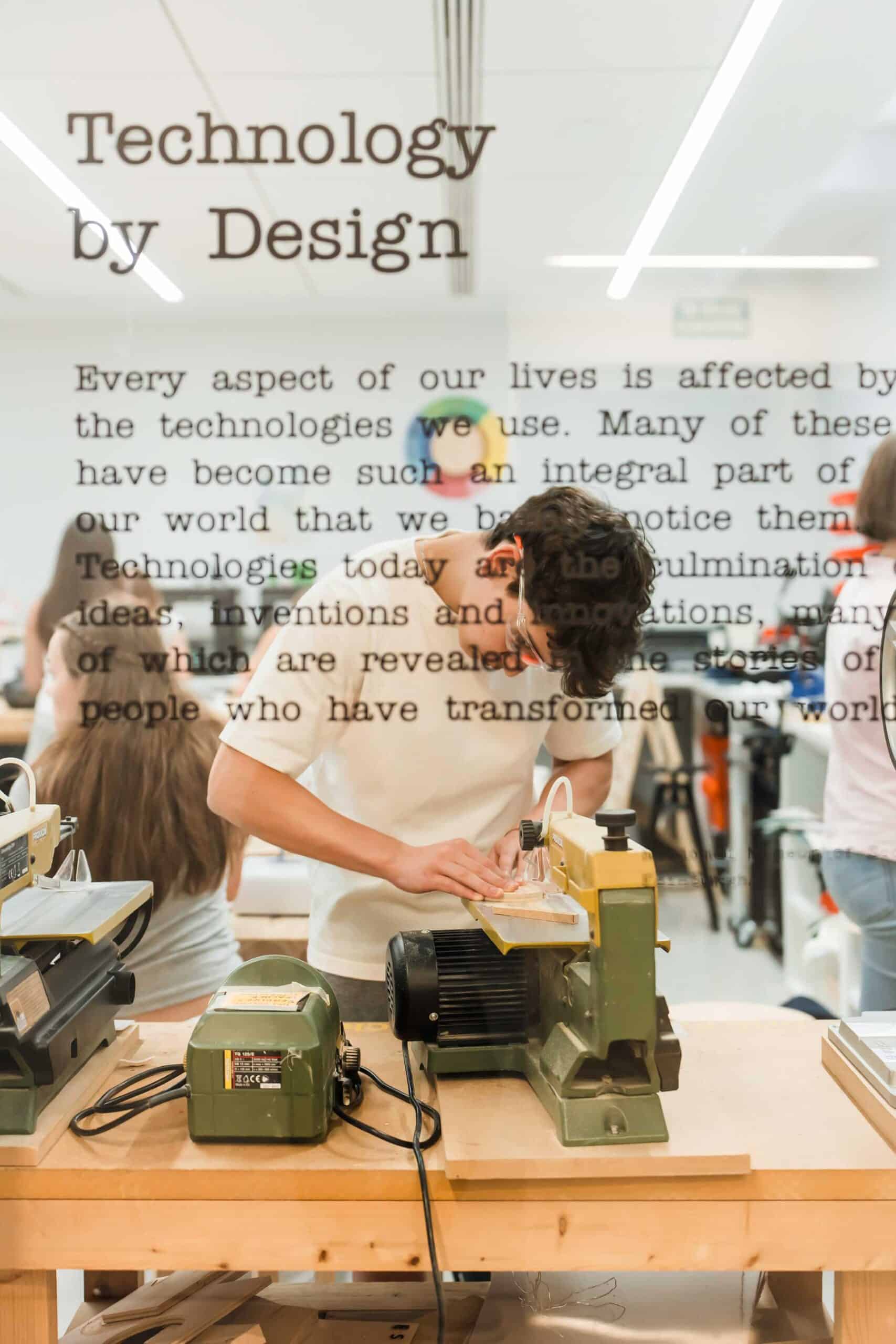 Innovative students engaging in technology and design projects at a modern school.