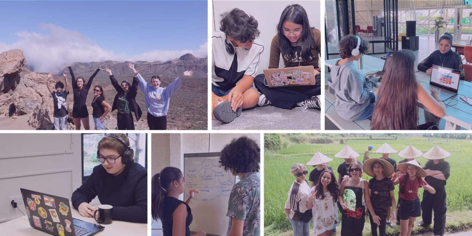 Children exploring nature in a mountainous landscape.