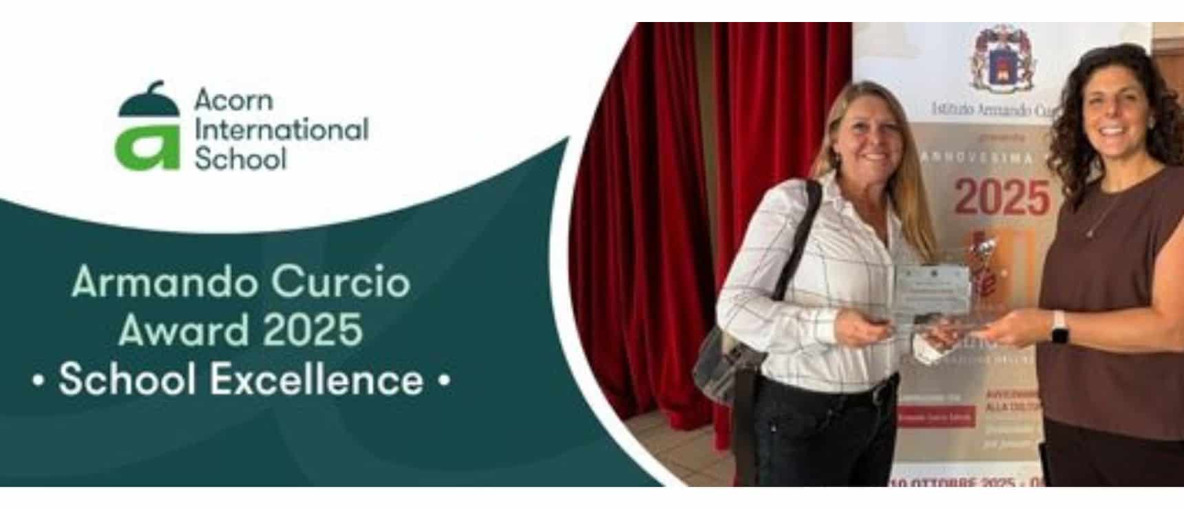 Award presentation at Acorn International School for Armando Curcio 2025 School Excellence.