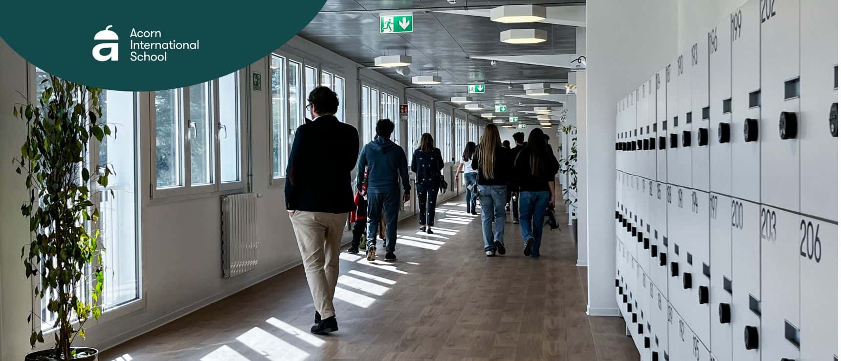 Why the Holiday Season Is Often the Most Delicate Time for Internationally Mobile Children 5 Bright school corridor with lockers and students, international school environment, educational facility interior.