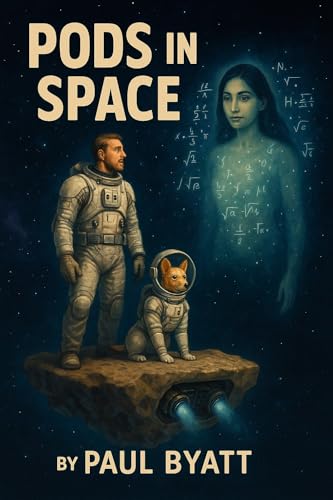 Inspiring Creativity: Teacher Paul Byatt Launches Galactic Adventure "Pods in Space" 6 Astronaut and dog in space-themed setting with a ghostly girl and scientific symbols.