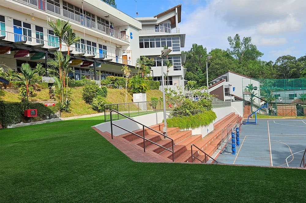 유학생을 위한 스포츠 시설과 녹음이 우거진 현대적인 학교 캠퍼스입니다.