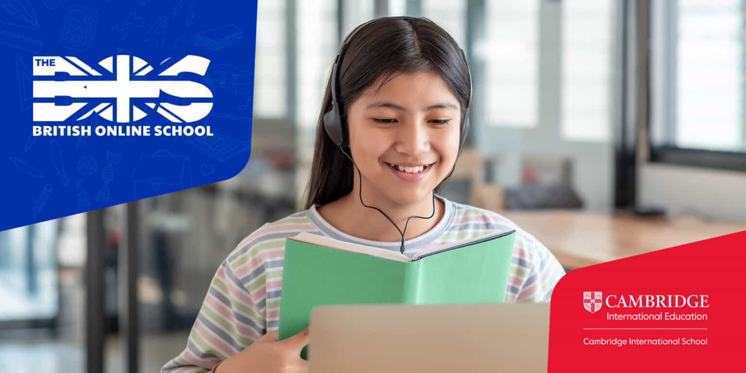 Student girl with headphones studying online at Cambridge International School, part of top world schools network.