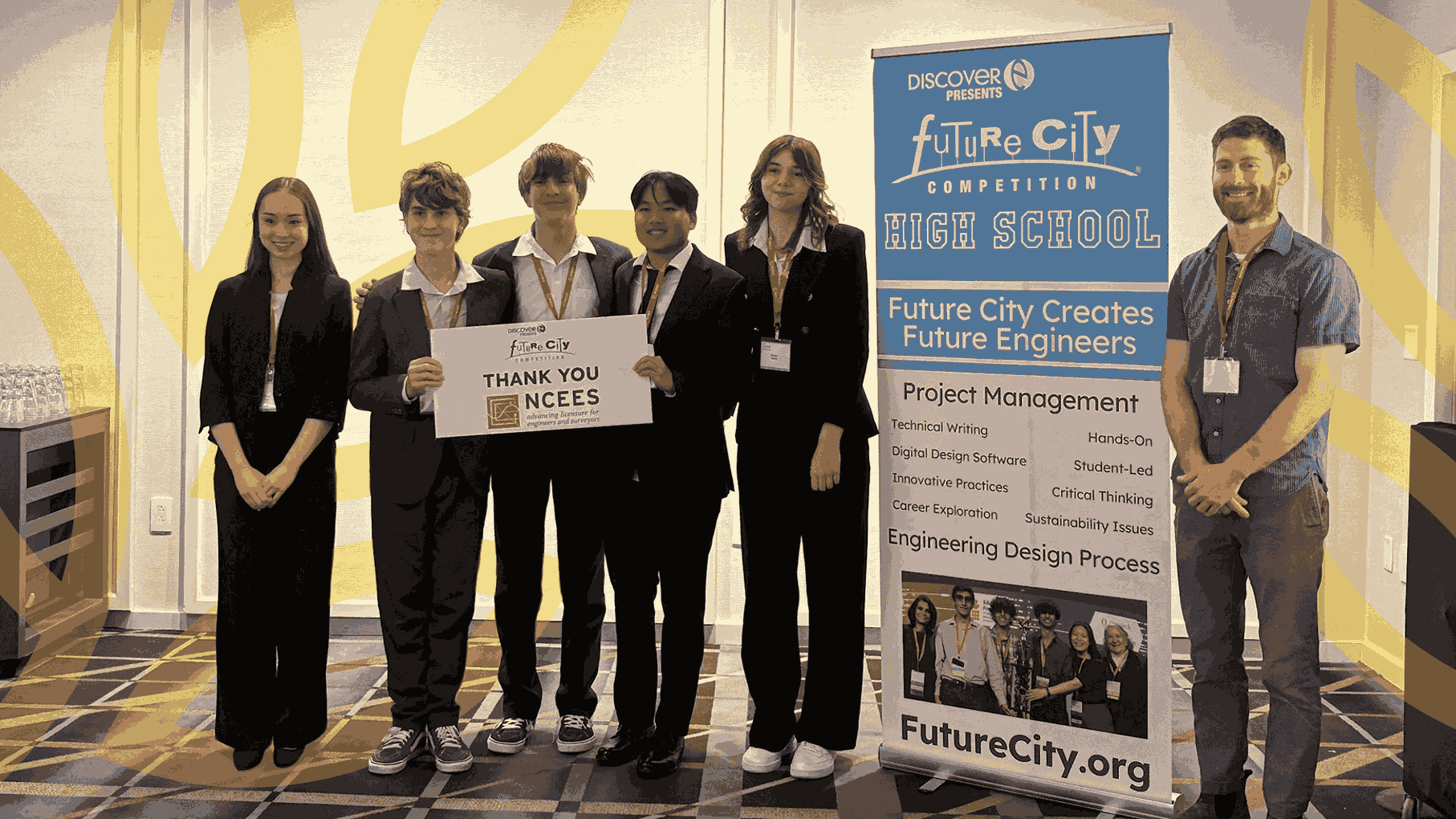 Group of students at Future City High School presenting at World Schools event.
