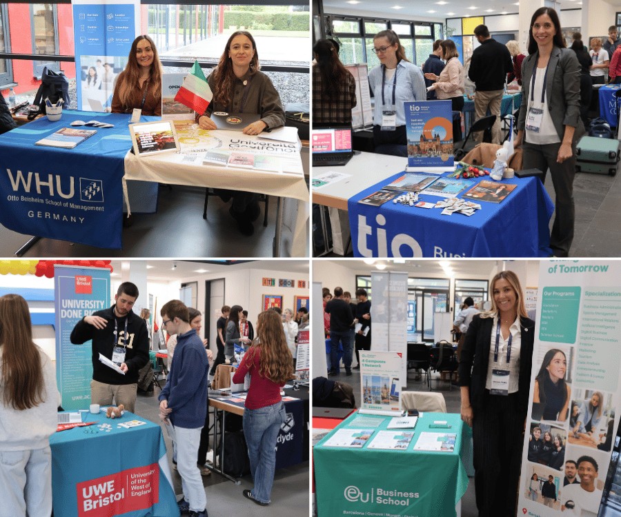 Students and representatives at international education fair booths.