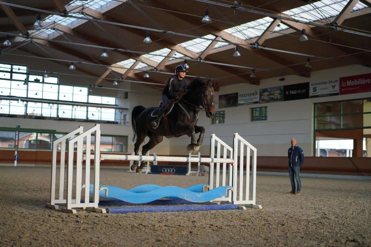 1. Skilled equestrian rider jumping over obstacle during indoor horse riding training.