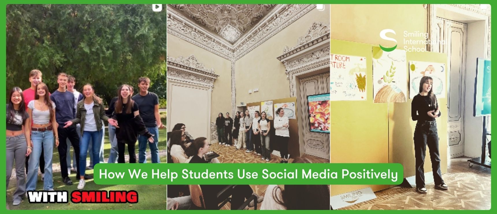 Diverse group of students learning about positive social media use in a classroom.