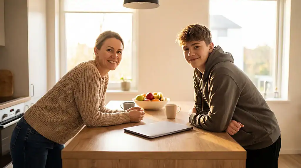 Bright mother and son enjoying morning coffee at kitchen table, emphasizing nurturing family environment.
